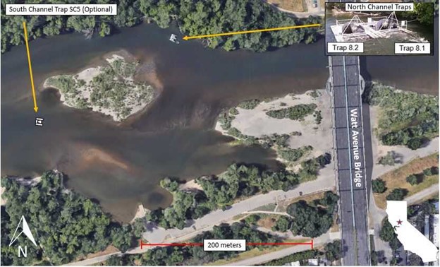 Lower American River rotary screw trap locations - aerial image.